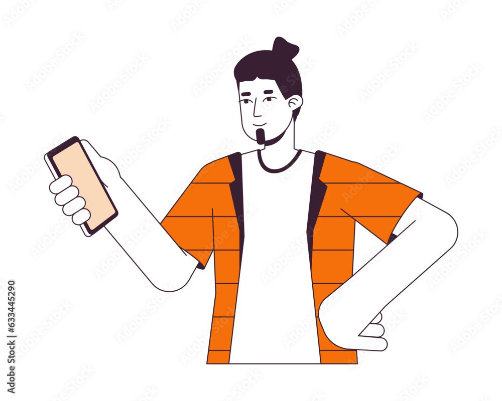 Poster smiling caucasian man looking on smartphone flat line color vector character. editable outline half 