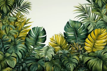 Fotobehang Watercolor tropical plants leaves background with copy space © cn0ra