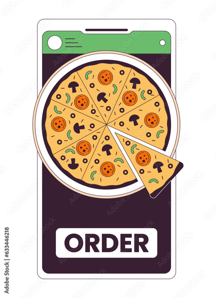 Poster order pizza by smartphone flat line concept vector spot illustration. using gadget for buying food 2