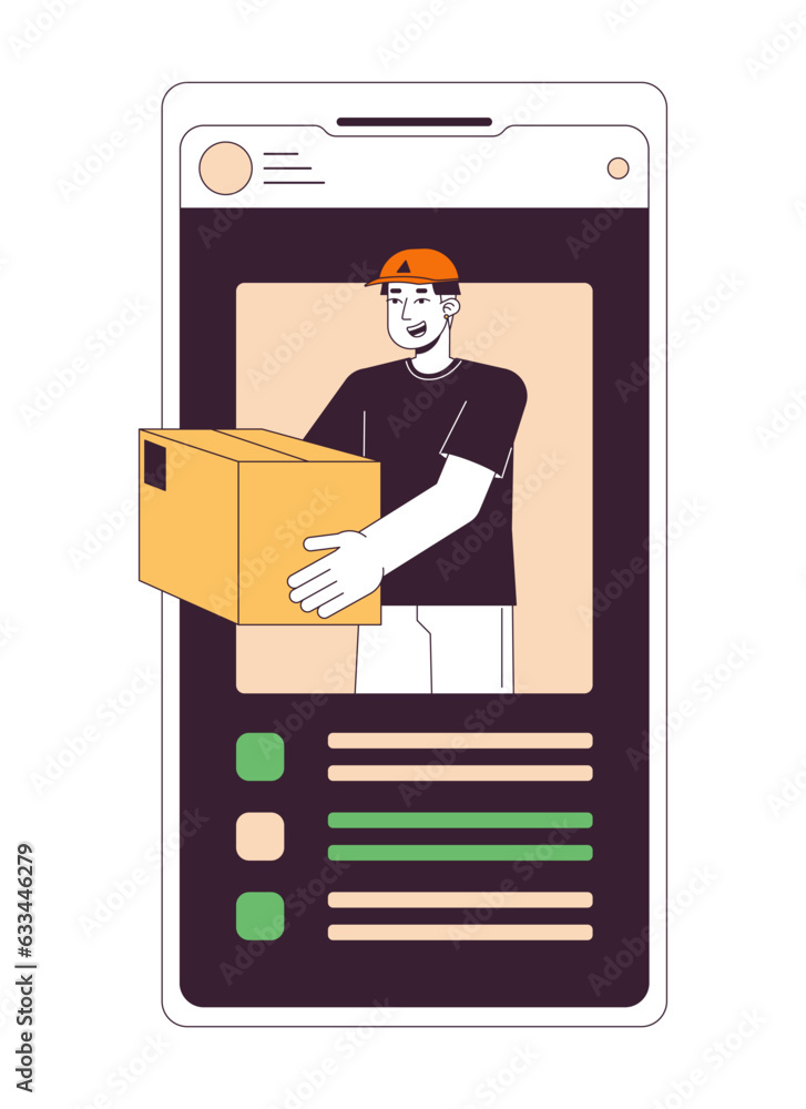 Poster online delivery by courier flat line concept vector spot illustration. app for tracking packages 2d 