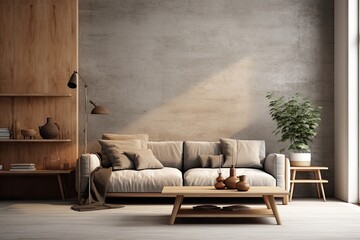 Wall mockup, contemporary home interior backdrop, living area, Nordicinspired design, visualization, portrayal.