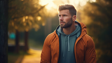 attractive young man with hoodie on park. casual portrait on nature