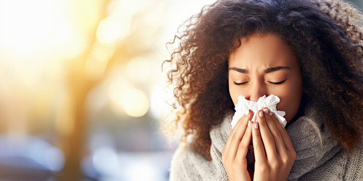 young afro-american girl blowing nose with tissue due to cold, flu or allergy