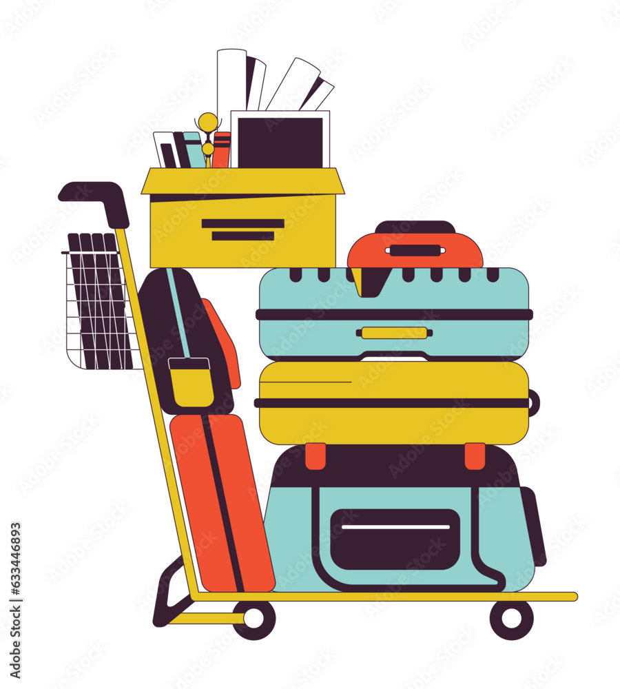 Poster luggage cart with stack of belongings flat line color isolated vector object. moving, relocation. ed