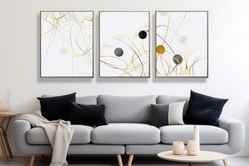 Abstract wall art templates with a touch of luxury. These designs feature intricately handpainted black lines and gold drops on a white background. Created specifically for wall decoration, interior