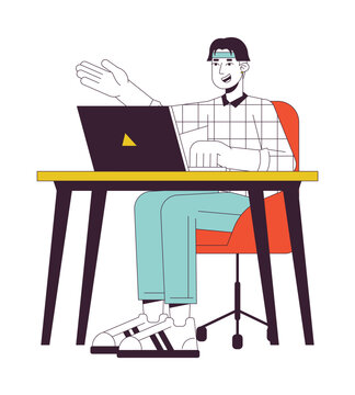 University student sitting at table flat line color vector character. Editable outline full body person on white. Student desk laptop simple cartoon spot illustration for web graphic design