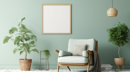 Front view of a modern living room in green tones. Green wall with poster template, comfortable armchair with cushion and plaid, green plants in pots. Mockup, 3D rendering.
