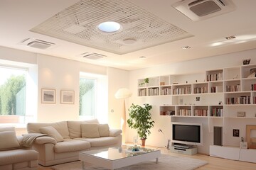 Home room ceiling ventilation refers to the modern interior air vent that is installed in the ceiling of a living space. - obrazy, fototapety, plakaty