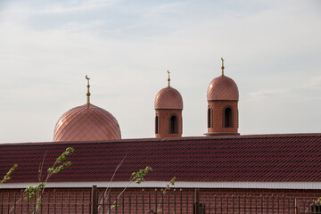 The dome and minarets of rose gold color with a moon on the Kazakh mosque near the village of...