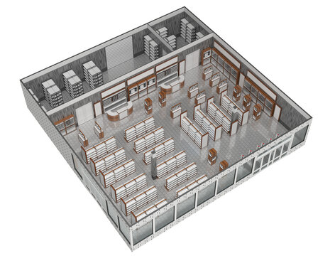 Isometric view of the trading floor of the store, building floor model. 3d illustration