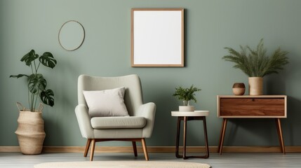 Front view of a modern living room in green tones. Green wall with poster template, comfortable armchair, side table, coffee table, green plants in pots. Mockup, 3D rendering.