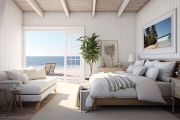 The rendered interior of a cozy coastal bedroom has a white color scheme.
