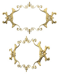 Isolated 3d render illustration of golden baroque ornate picture frame, front and 3/4 view.
