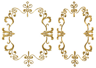 Isolated 3d render illustration of golden baroque antique ornate picture frame, front and 3/4 view.
