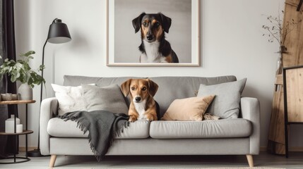 Modern stylish living room scandi style. Comfortable sofa with cushions, side table, floor lamp, home decor. A cute dog lying on the sofa under the poster with dog image. Mockup, 3D rendering.