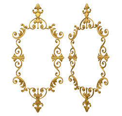 Isolated 3d render illustration of golden baroque ornate monarch picture frame, front and 3/4 view.