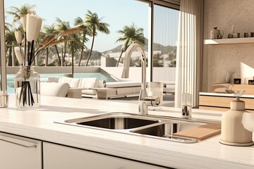 Obraz premium A kitchen with a beige interior design featuring a bar island, sink, and hand soap. The kitchenware includes a spoon and a vase, while a towel is placed on the deck. The cooking area has a stylish