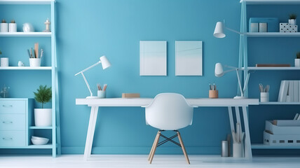 Modern home interior design on blue panoramic background. Generative Ai