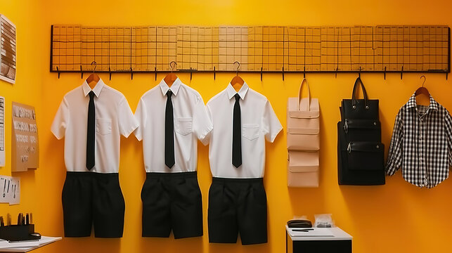 Stylish school uniform hanging on color wall, Back to School concept. Generative Ai