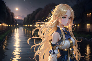 Obraz premium anime girl, long light gold hair, indoor garden with fountain, river running, blueish moonlight, generative ai, generative, ai