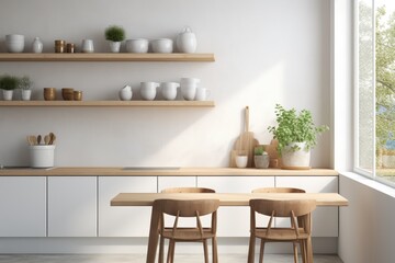 Fototapeta na wymiar A light and simplistic Scandinavian kitchen interior is adorned with white furniture, including utensils placed neatly on shelves alongside crockery and potted plants. The window features a small