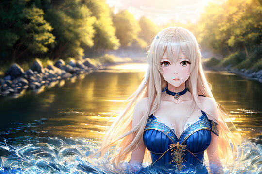 anime girl, long light gold hair, indoor garden with fountain, river running, blueish moonlight, generative ai, generative, ai