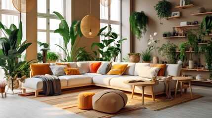 Cozy elegant boho style living room interior in natural colors. Comfortable corner couch with cushions, many houseplants, ottomans, coffee tables, rug on wooden floor, home decor. 3D rendering.