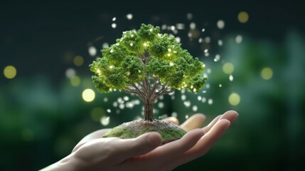 Symbolic magic green tree in human hands on blurred background. Respect for nature, sustainable energy, care for the environment, ecological development. Earth Day concept. Copy space. 3D rendering.