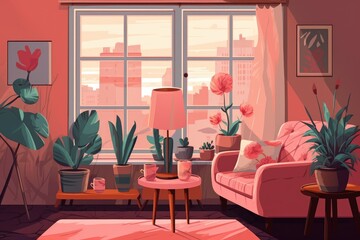 Living room interior with window, sofa and potted plants. Flat retro illustration in pink color.