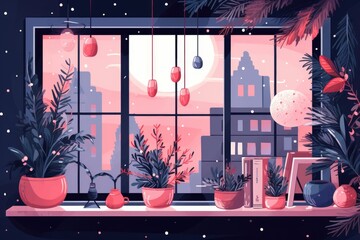 Winter cityscape with potted plants on windowsill. Flat retro illustration in pink and purple color.
