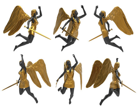Isolated 3d render illustration of black marble and golden warrior angel statue flying pose with sword, various angles.