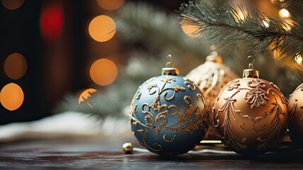  close-up arrangement of Christmas balls, on a Christmas tree branch Christmas card Merry Christmas and Happy New Year background