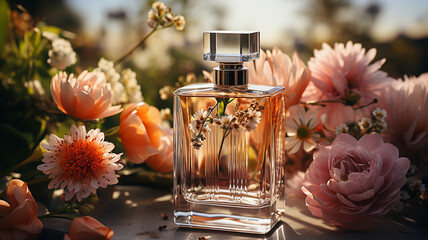 perfume bottle with fresh flowers on blurred background. perfume fragrance. perfume in bottle on background with bobokeh and blurred flowers. perfume fragrance fragrance