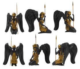 Isolated 3d render illustration of black marble and golden warrior guardian angel statue in helmet sitting with spear pose, various angles.