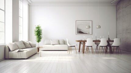 Interior of modern spacy minimalist white living room with dining area. Comfortable sofas, wooden dining table with chairs, houseplant in a pot, panoramic windows, wooden floor. Mockup, 3D rendering.
