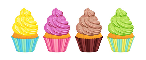 Birthday cupcakes with cream. Set of vector cartoon illustration of colorful cakes. Sweet dessert.