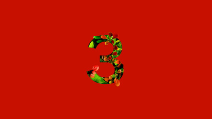Number three made of colorful tropical leaves. Leaf font concept. Unique collection of letters and numbers. Spring, summer and valentines creative idea. Tropical vibes.