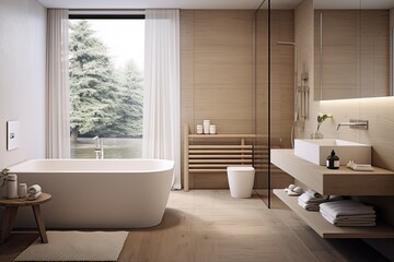 A minimal Scandinavian style is reflected in the modern design of the bathroom interior.