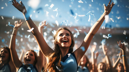 Girls from the cheerleading team emotionally show victory, support the team and entertain the audience of fans