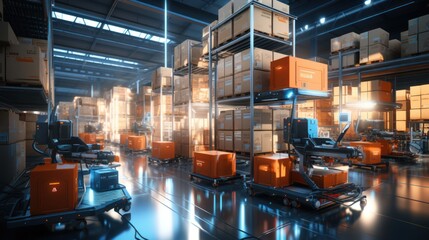 3D rendering of intelligent robot warehouse business management - obrazy, fototapety, plakaty