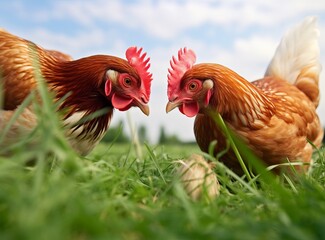 two chicken on green field near grass