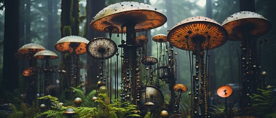 Steampunk mushrooms, bizarre metal fungi in strange surreal forest, intriguing steelwork sculptures, fantasy background of plants in nature re-imagined, generative AI  - obrazy, fototapety, plakaty