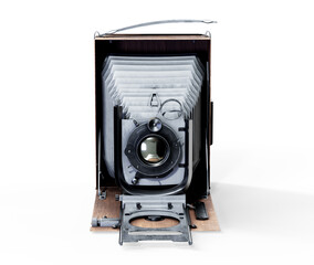 Old folding camera 3d render rustic wooden surface on white