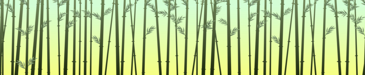 Morning in bamboo grove. Tropical reed beds. Jungle and rainforest of southern latitudes. Cartoon fun style. Flat design. Vector