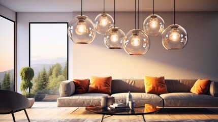 Several glass globe-shaped pendant lights with Edison lamps above a sofa in a cozy living room. Elegant modern interior design with an emphasis on lighting. Mockup, 3D rendering.