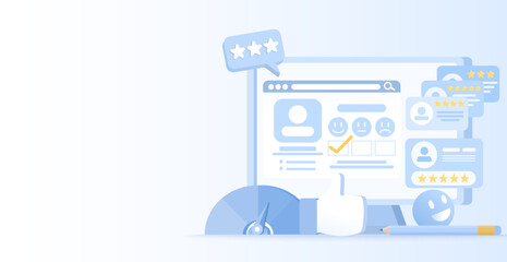 Variety elements of customer satisfaction, survey, feedback, review, customer loyalty, comment, positive and negative thinking. Flat vector design illustration with copy space.