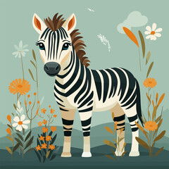 Fototapeta na wymiar Zebra standing in the middle of field of flowers and daisies.