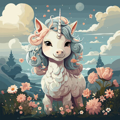 Cartoon unicorn with blue hair standing in field of flowers and flowers.