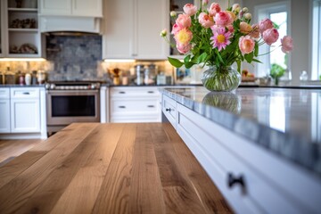 Nice counter tops and hardwood floor in a lovely kitchen with blurred background.