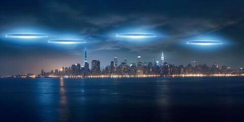 Fototapeta na wymiar New York City and UFOs - Generative AI